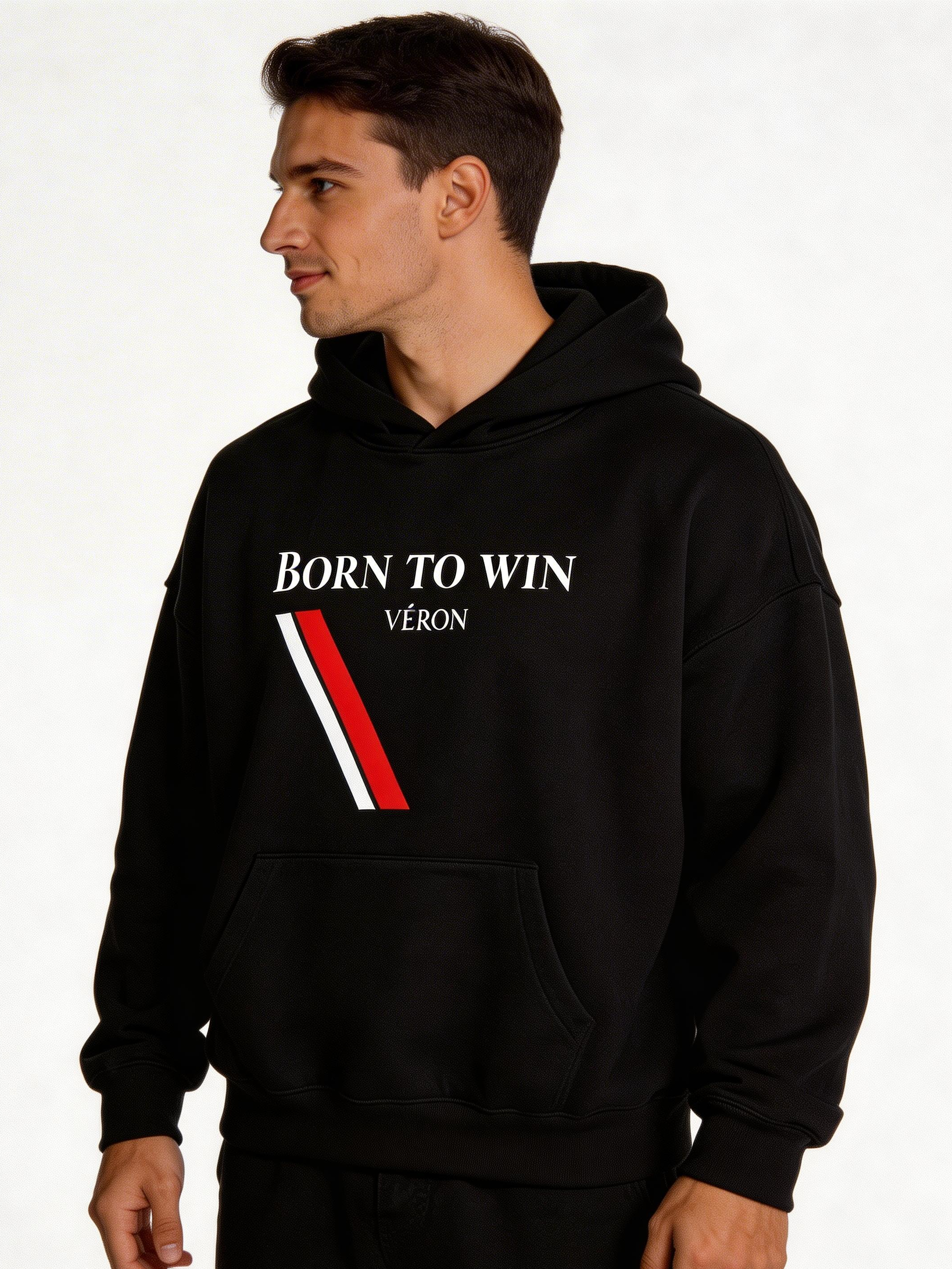 VÉRON Born To Win premium unisex hoodie for men and women white background 3