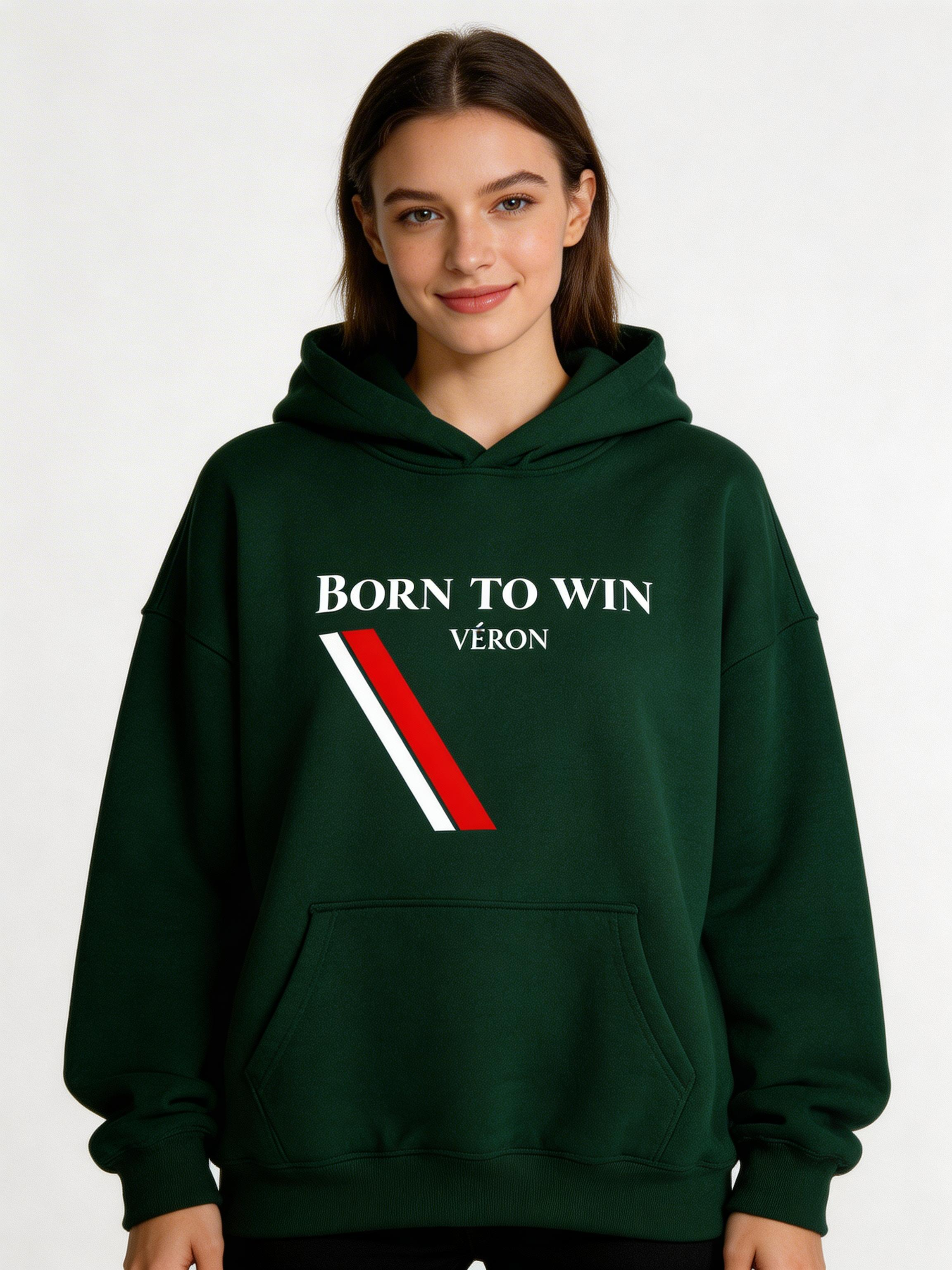 VÉRON Born To Win premium unisex hoodie for men and women white background 2