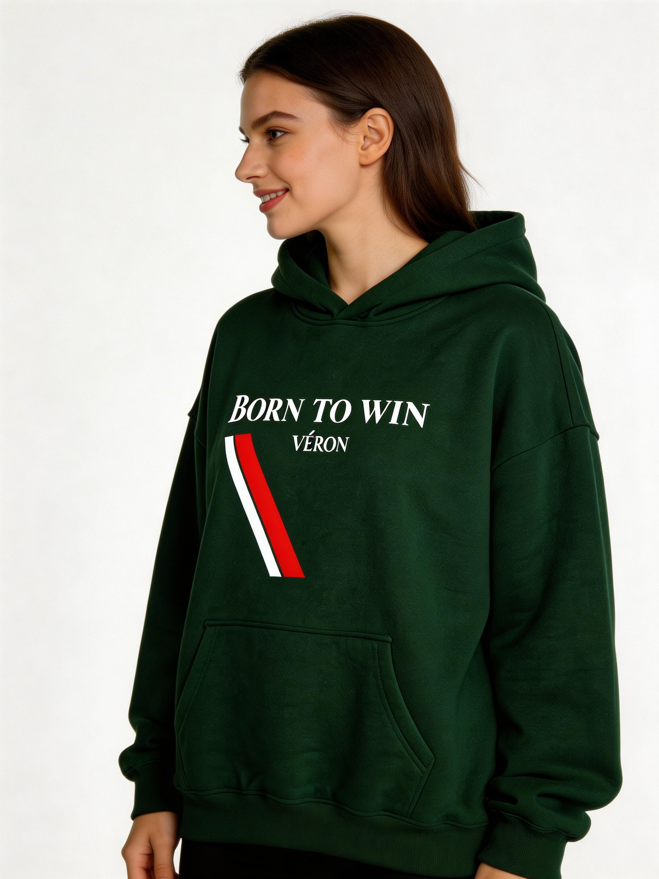 VÉRON Born To Win premium unisex hoodie for men and women white background 4