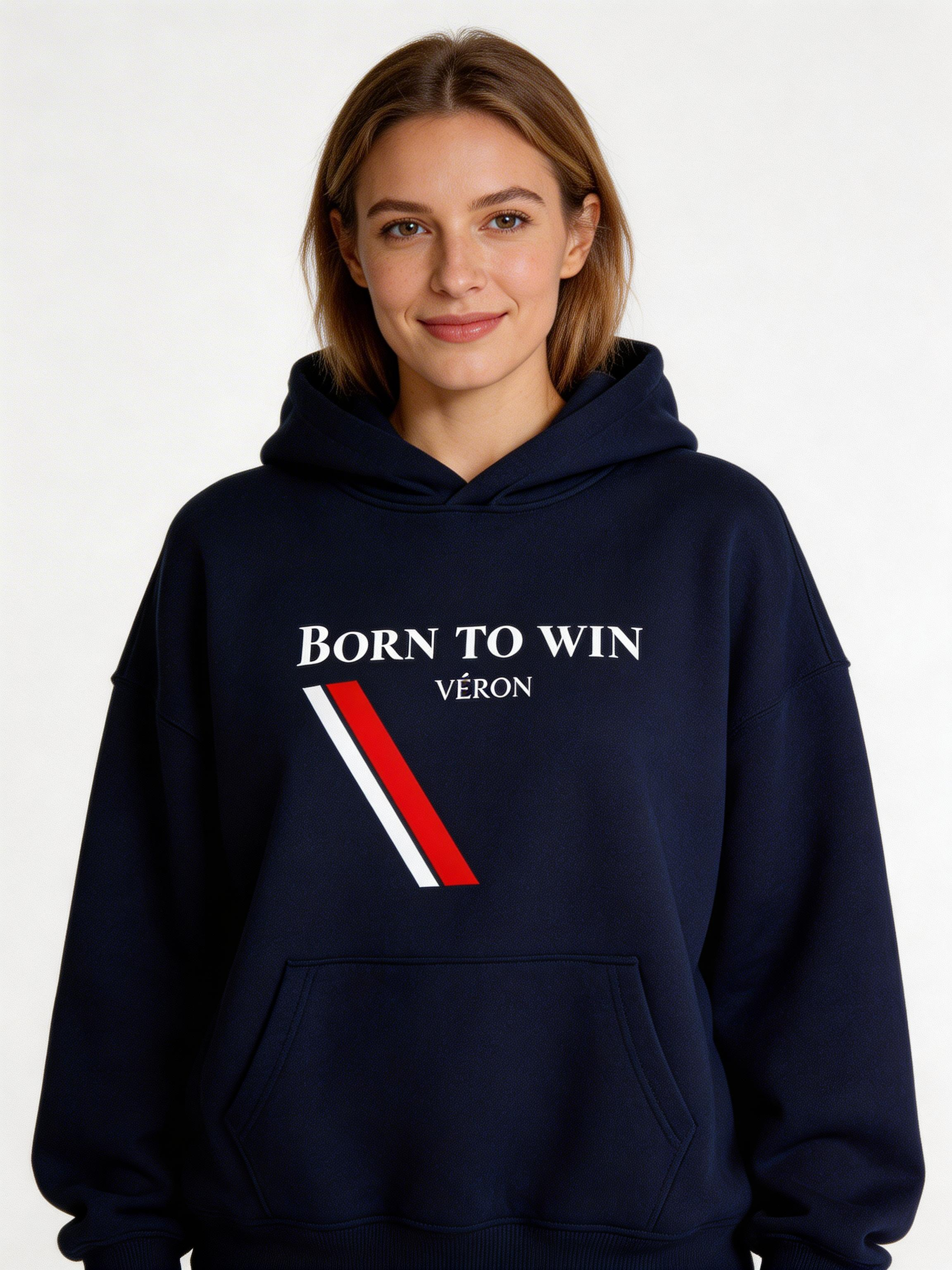 VÉRON Born To Win premium unisex hoodie for men and women white background 7