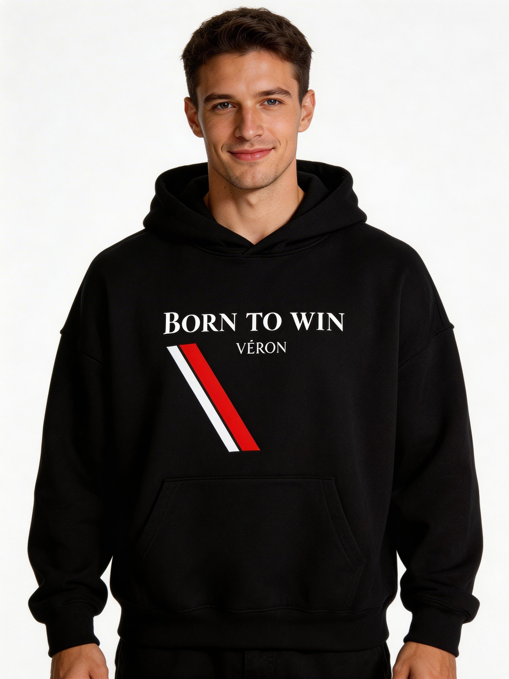 VÉRON Born To Win premium unisex hoodie for men and women white background 1