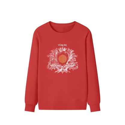 Red sweatshirt with decorative design and 'VERON' text on a white background