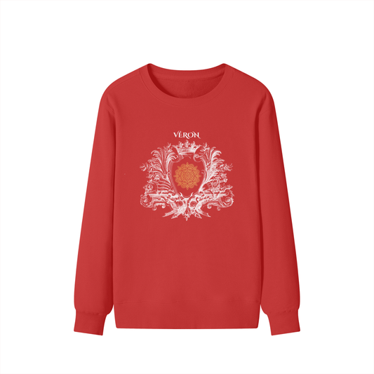 Red sweatshirt with decorative design and 'VERON' text on a white background