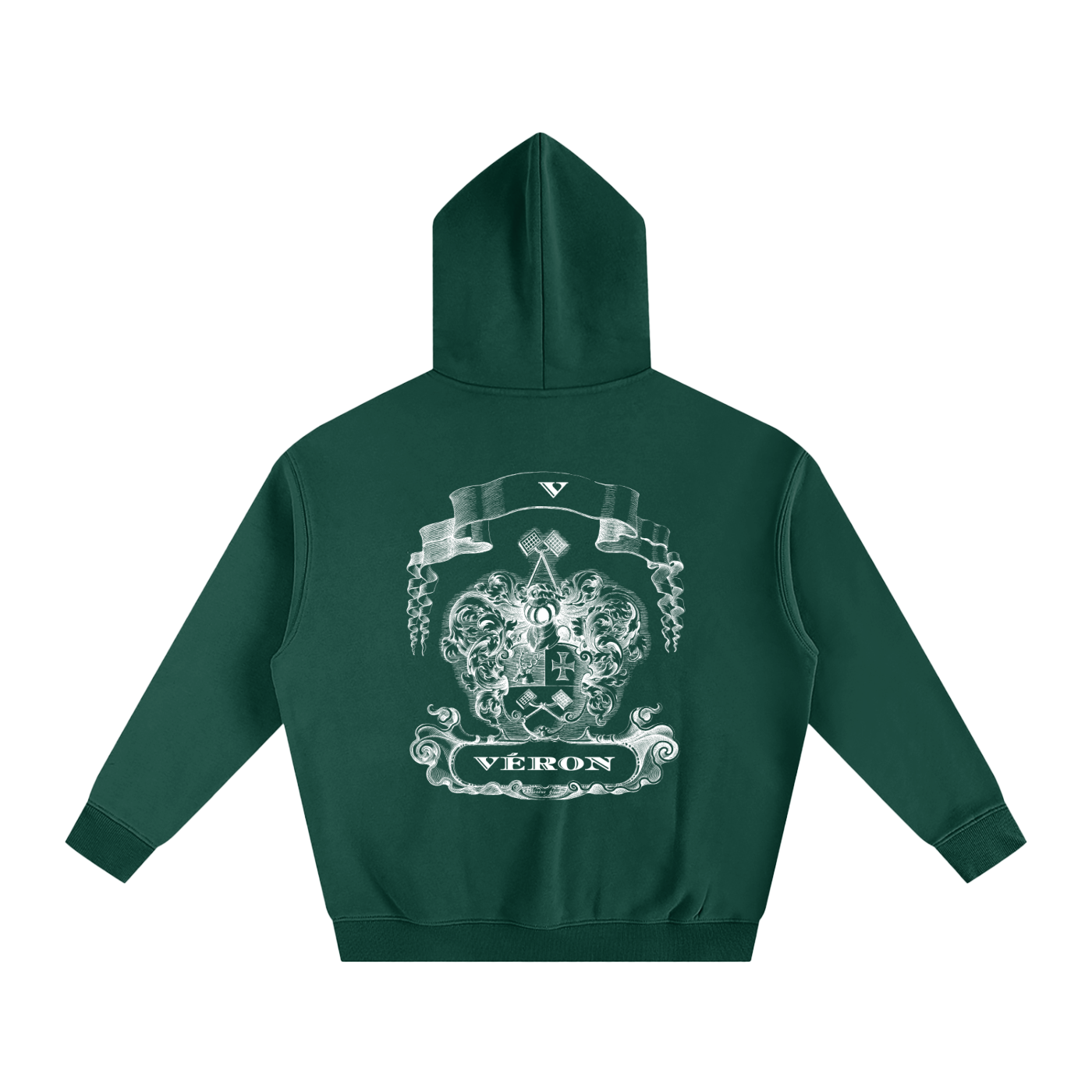 VERON Green hoodie with a white emblem and text on the back against a white background
