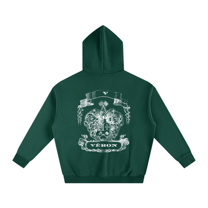 VERON Green hoodie with a white emblem and text on the back against a white background
