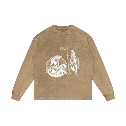 Brown long-sleeve shirt with graphic design on a white background