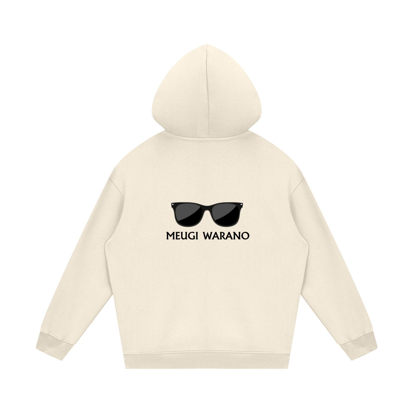 Beige hoodie with sunglasses graphic and 'MEUGI WARANO' text on a white background