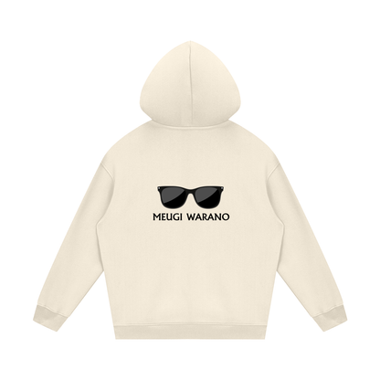 Beige hoodie with sunglasses graphic and 'MEUGI WARANO' text on a white background