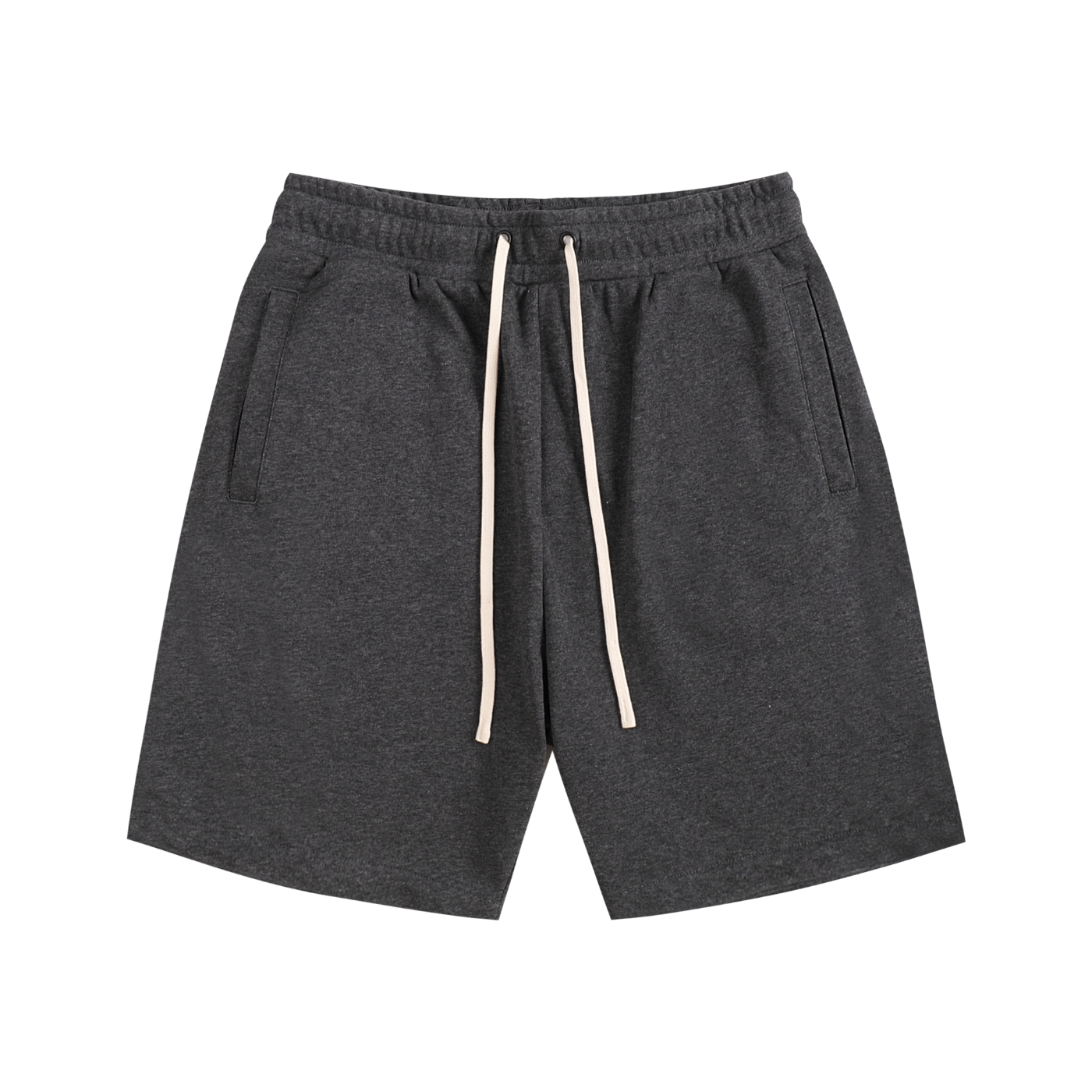 Dark gray shorts with a white drawstring on a white background