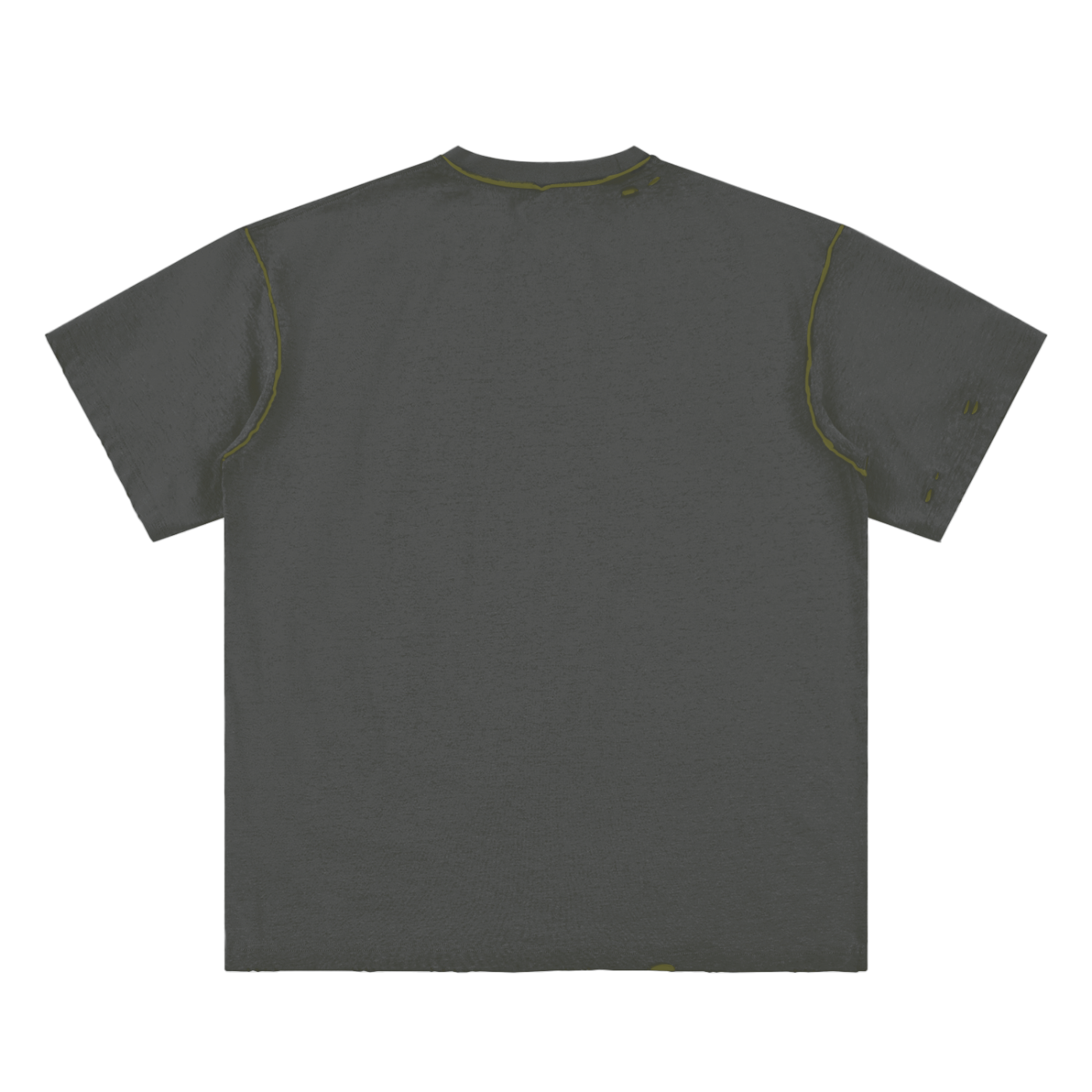 Gray t-shirt with green stitching on a white background