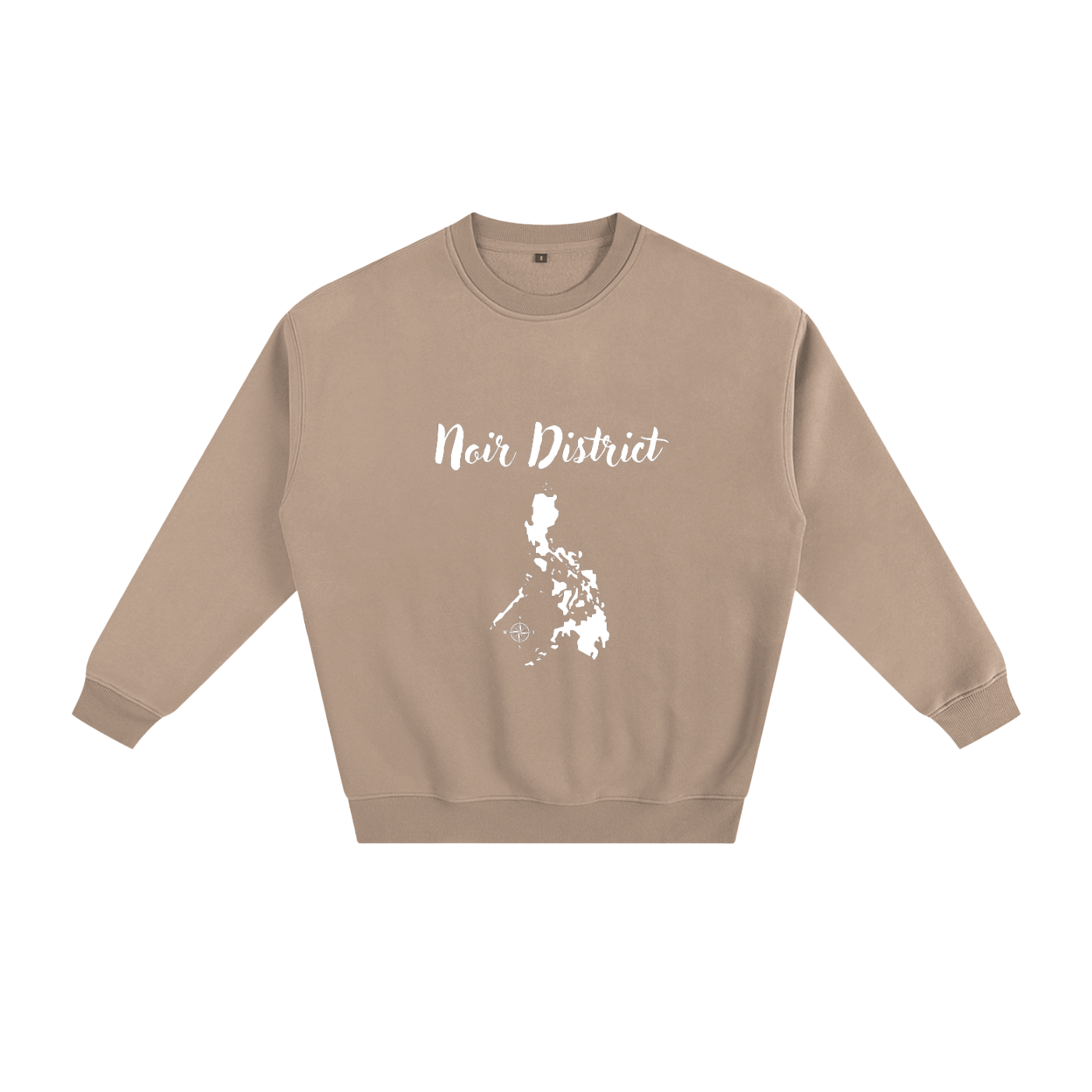 Beige sweatshirt with 'Noir District' text and map design on a white background