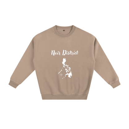 Beige sweatshirt with 'Noir District' text and map design on a white background