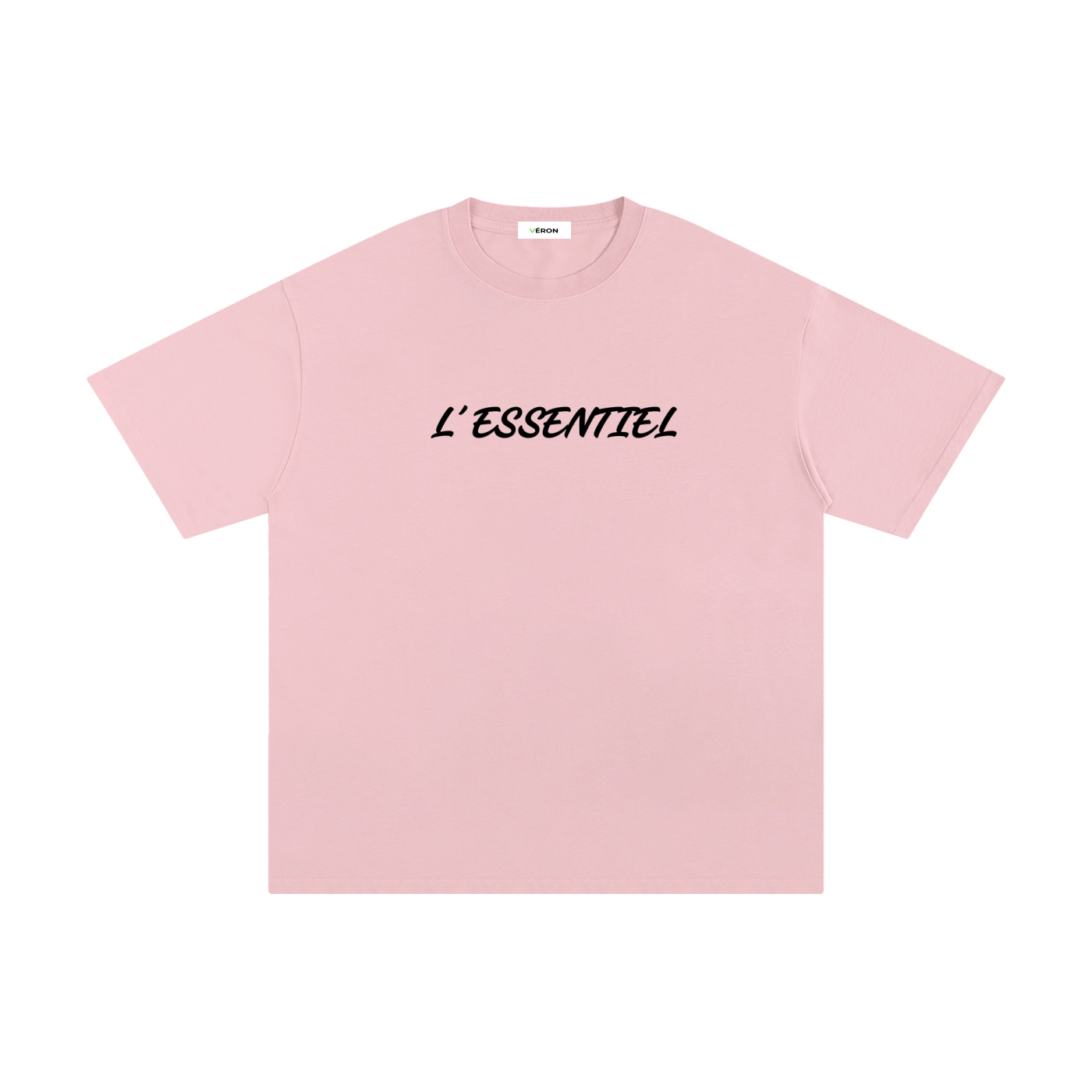 Pink t-shirt with 'L'ESSENTIEL' text on a white background