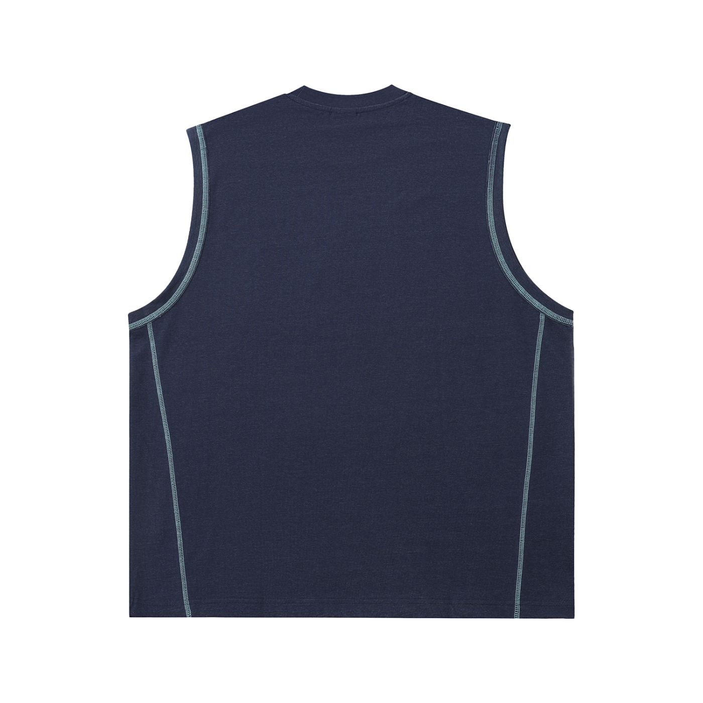 Navy sleeveless shirt with light blue stitching on a white background