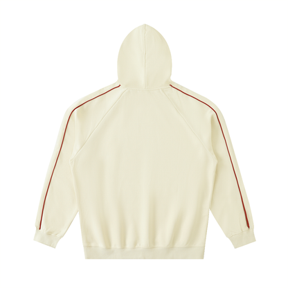 Beige hoodie with red stripes on a white background