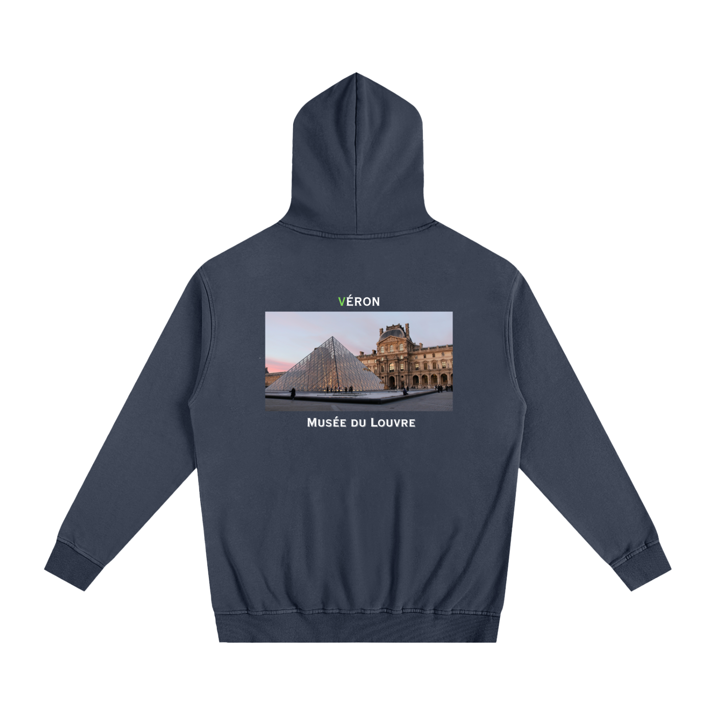 Navy blue hoodie with a graphic of the Louvre Museum on the back, displayed on a white background.