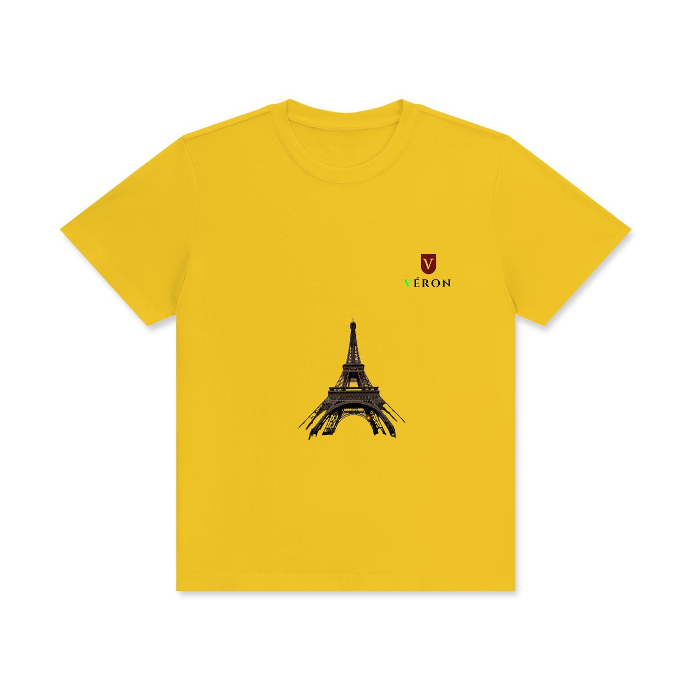 Yellow t-shirt with Eiffel Tower design and brand logo on a white background
