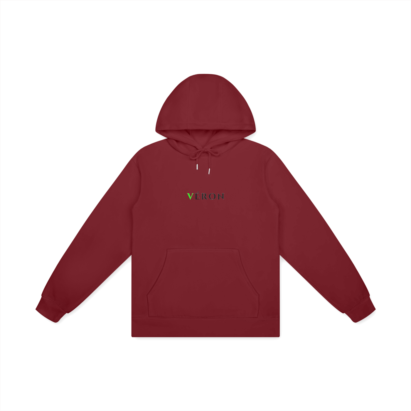 Red hoodie with a logo on the chest against a white background