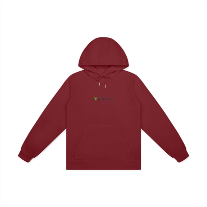 Red hoodie with a logo on the chest against a white background