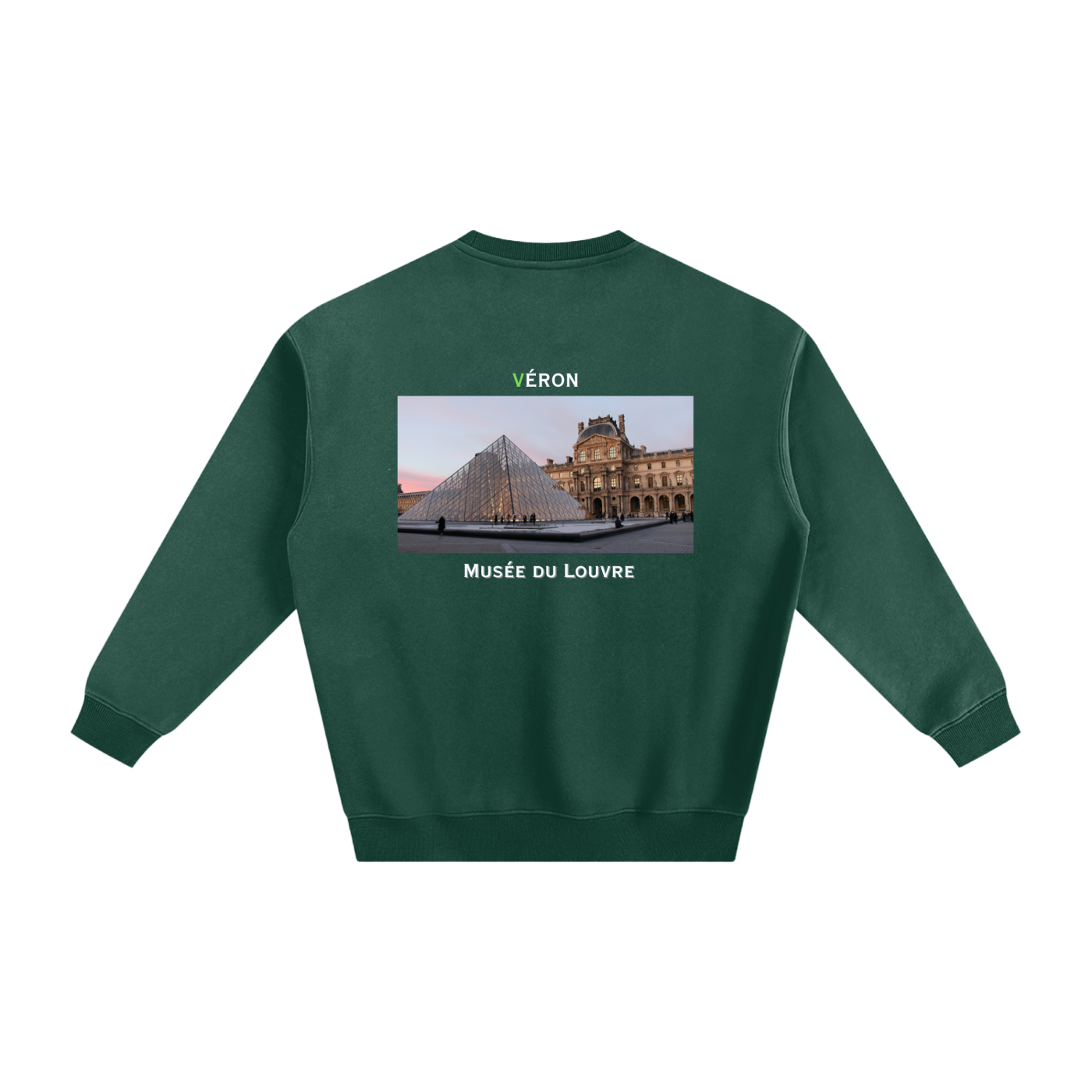 Green sweatshirt with a graphic of the Louvre Museum on the back