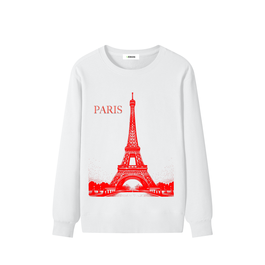 White sweatshirt with red Eiffel Tower design and 'PARIS' text on a white background