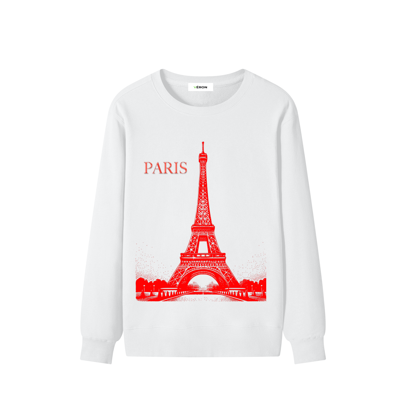 White sweatshirt with red Eiffel Tower design and 'PARIS' text on a white background