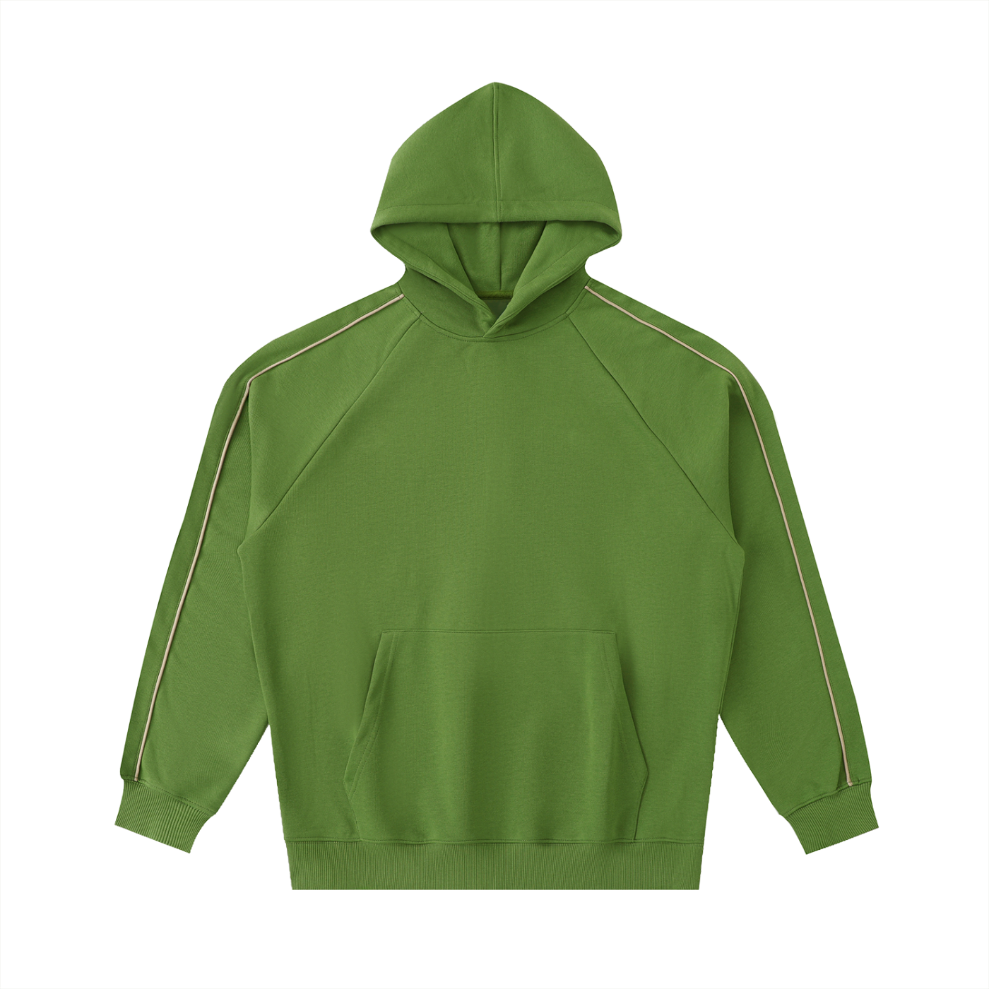 Green hoodie with white stripes on sleeves and hem on a white background