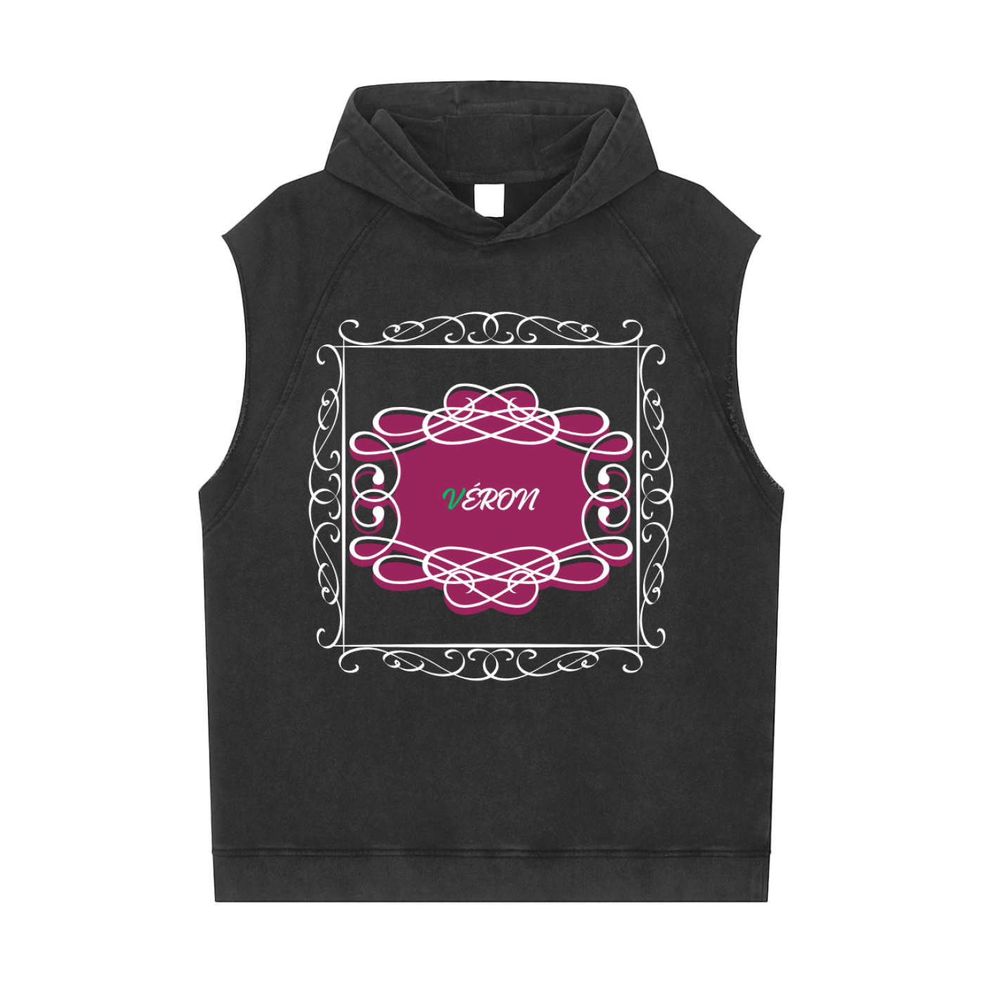 Black sleeveless hoodie with decorative pink design and 'Véron' text on a white background