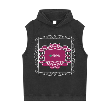 Black sleeveless hoodie with decorative pink design and 'Véron' text on a white background