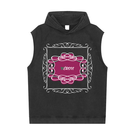 Black sleeveless hoodie with decorative pink design and 'Véron' text on a white background