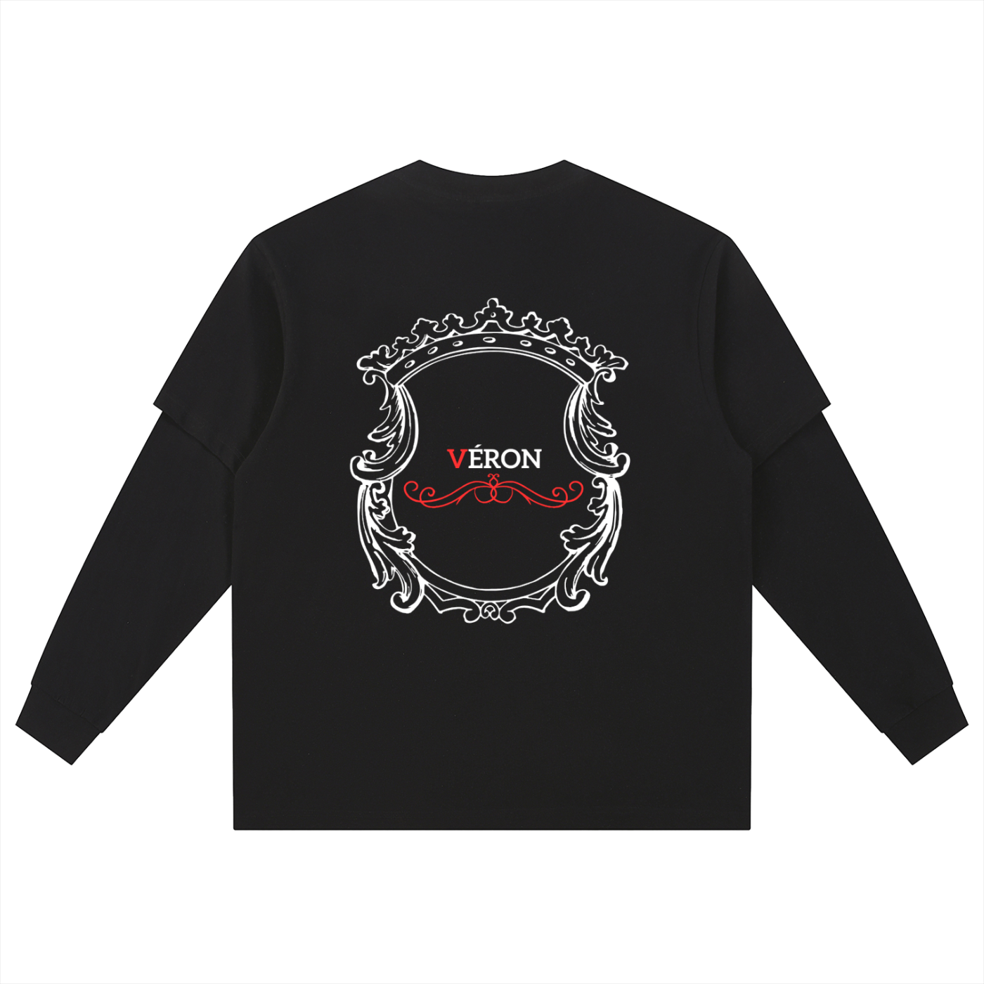 Black long-sleeve shirt with decorative emblem and 'VERON' text on a white background
