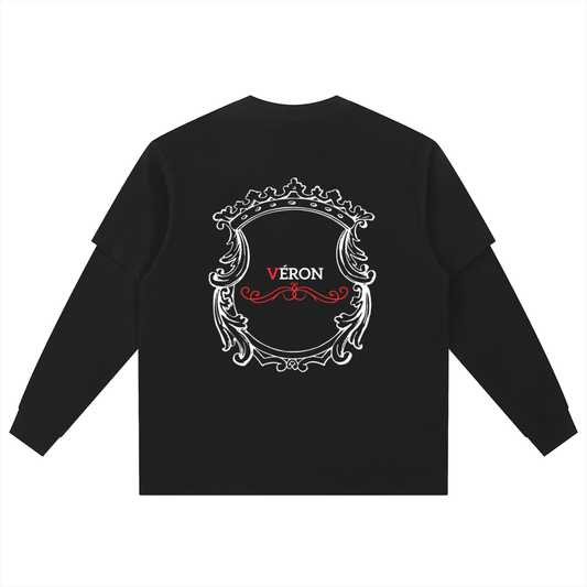 Black long-sleeve shirt with decorative emblem and 'VERON' text on a white background