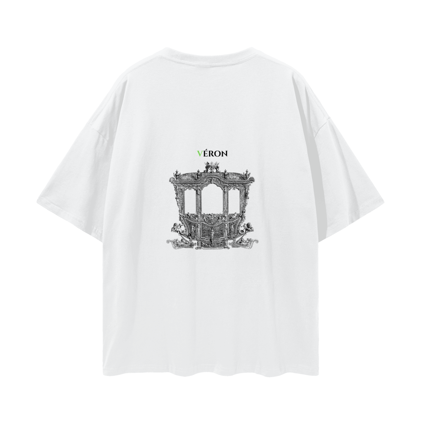 White t-shirt with black graphic design and 'Véron' branding on a white background