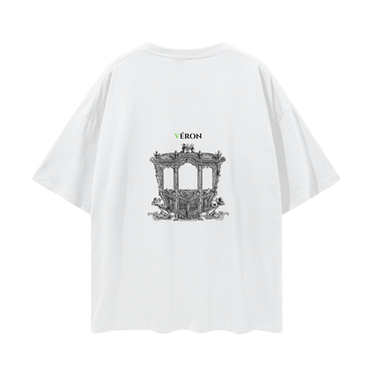 White t-shirt with black graphic design and 'Véron' branding on a white background