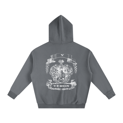Gray hoodie with a white emblem and 'VERON' text on the back against a white background