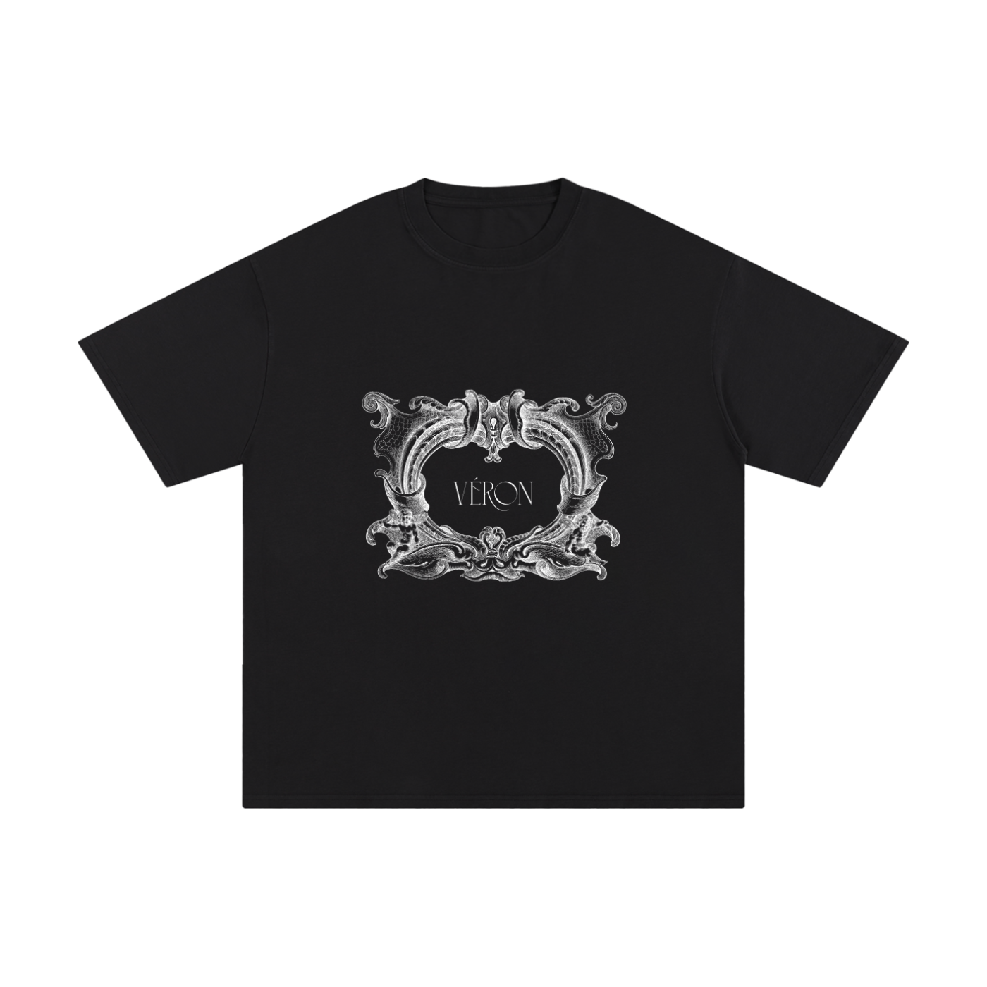 Black t-shirt with decorative emblem and 'VERON' text on a white background