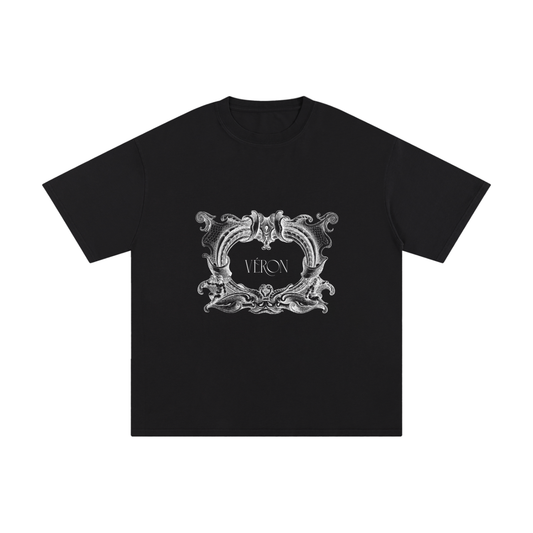 Black t-shirt with decorative emblem and 'VERON' text on a white background