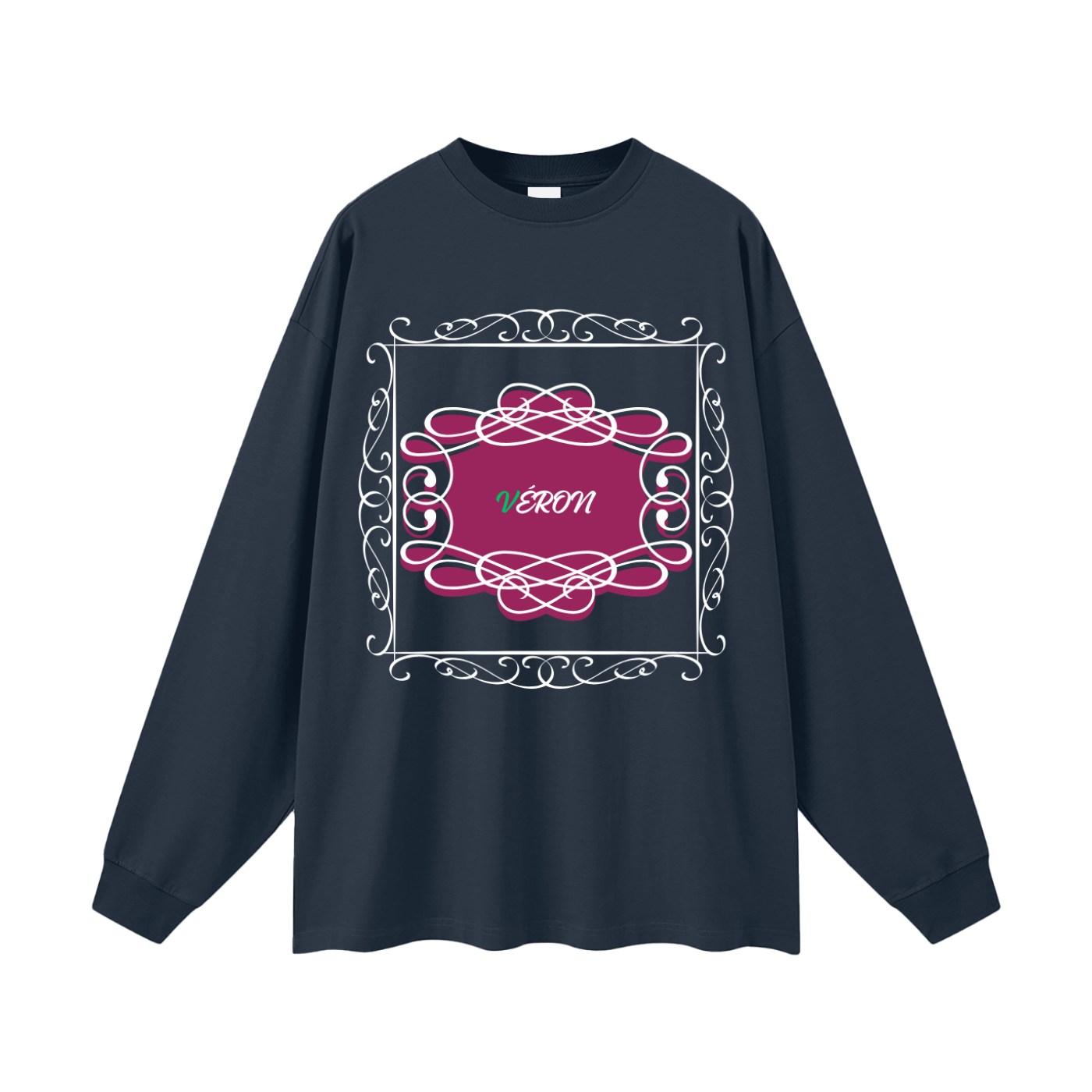 Navy blue long-sleeve shirt with pink decorative design and 'VERON' text on a white background