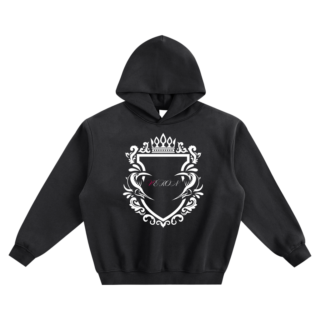 Black hoodie with a white emblem design on a white background