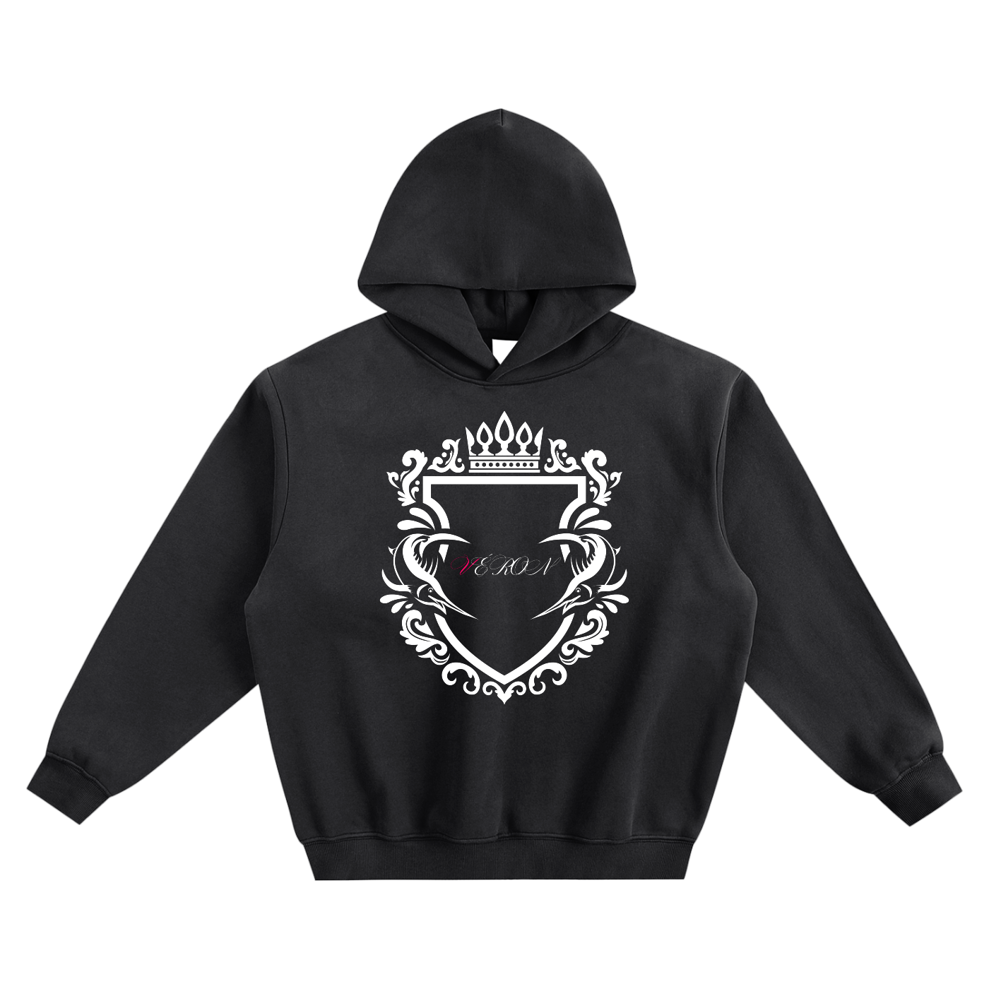 Black hoodie with a white emblem design on a white background