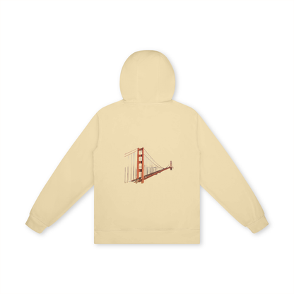 Beige hoodie with a graphic of the Golden Gate Bridge on the back, on a white background
