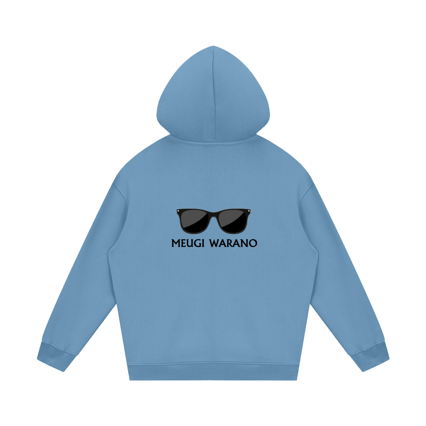 Blue hoodie with sunglasses graphic and 'MEUGI WARANO' text on the back against a white background