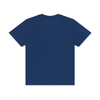 Minimalist streetwear short-sleeve t-shirt by VÉRON in blue back view.