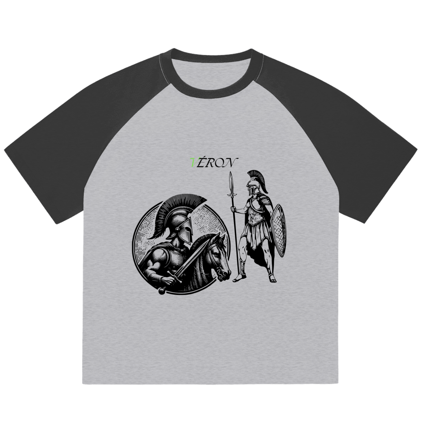Gray and black baseball shirt with warrior design and 'VERON' text on a white background
