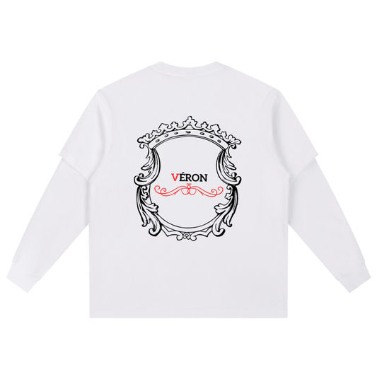 White long sleeve shirt with decorative emblem and 'Véron' Back view