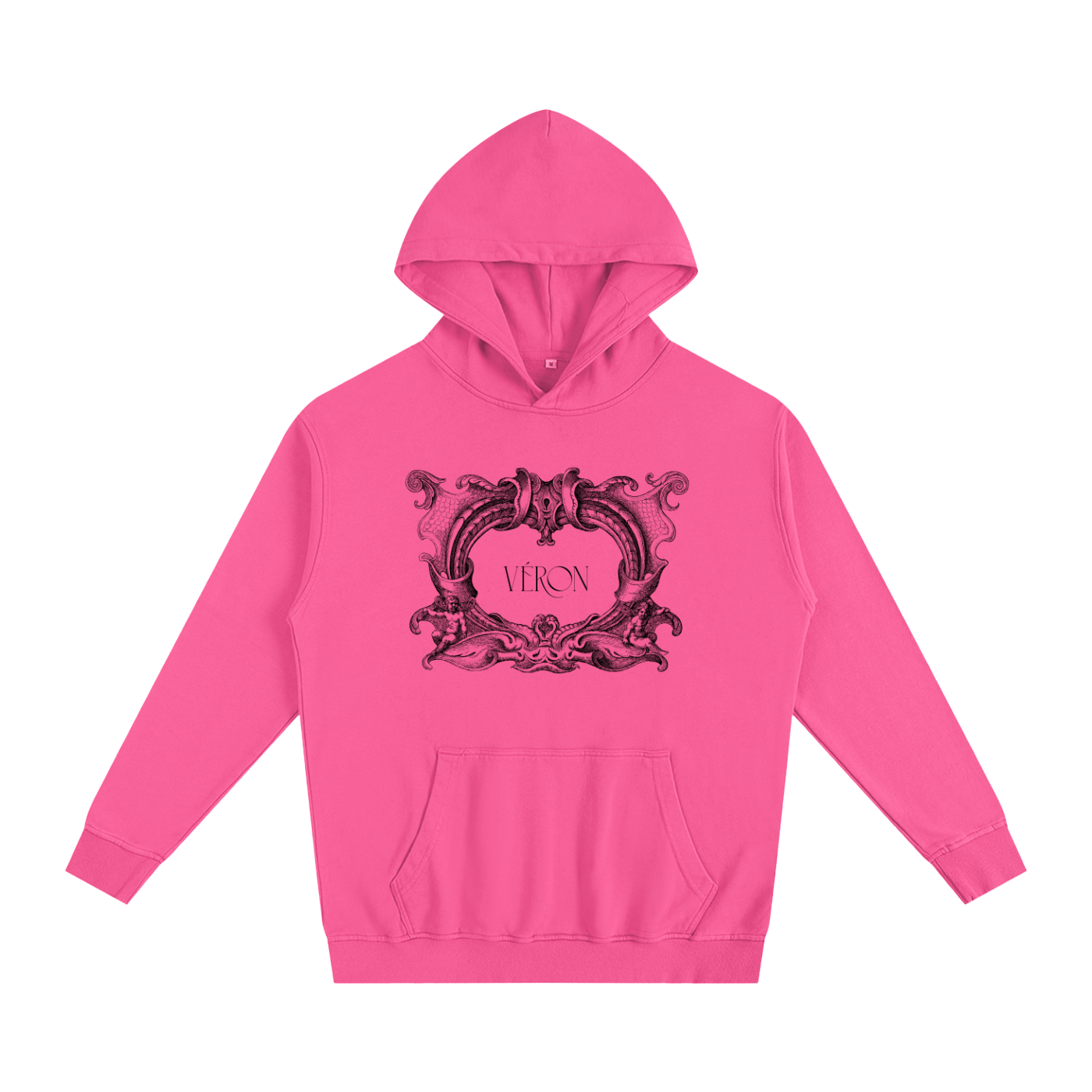 Pink hoodie with decorative design and 'VERON' text on a white background