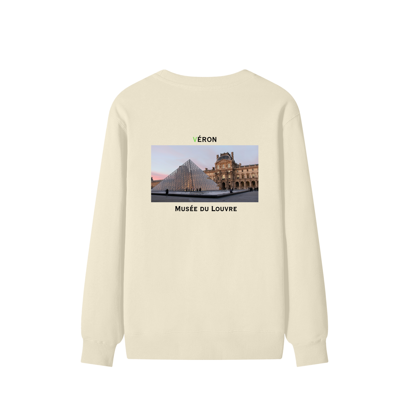 Beige sweatshirt with a graphic of the Louvre Museum on the back