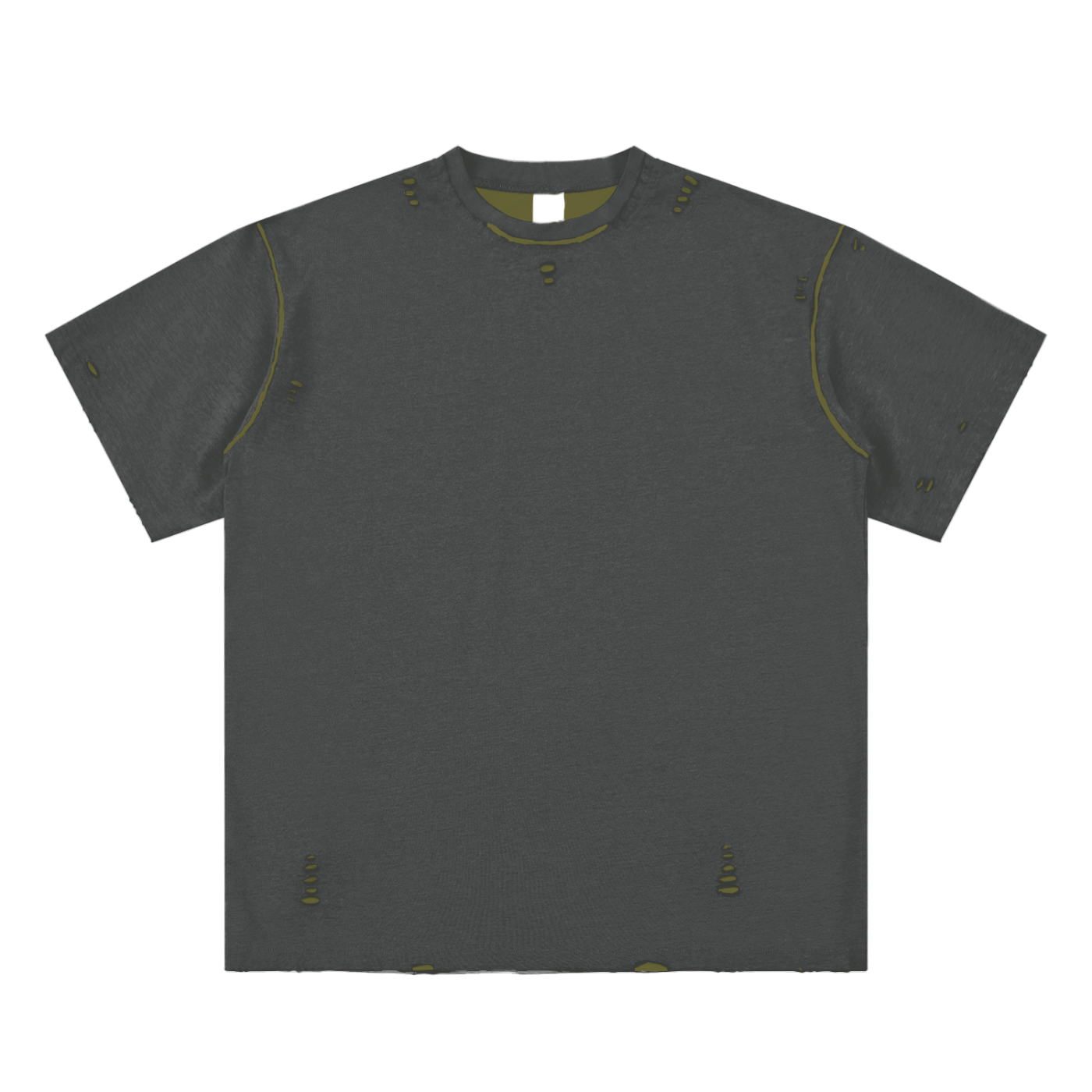 Dark gray t-shirt with yellow accents on a white background