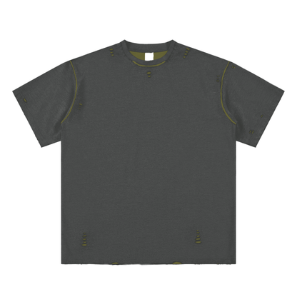 Dark gray t-shirt with yellow accents on a white background