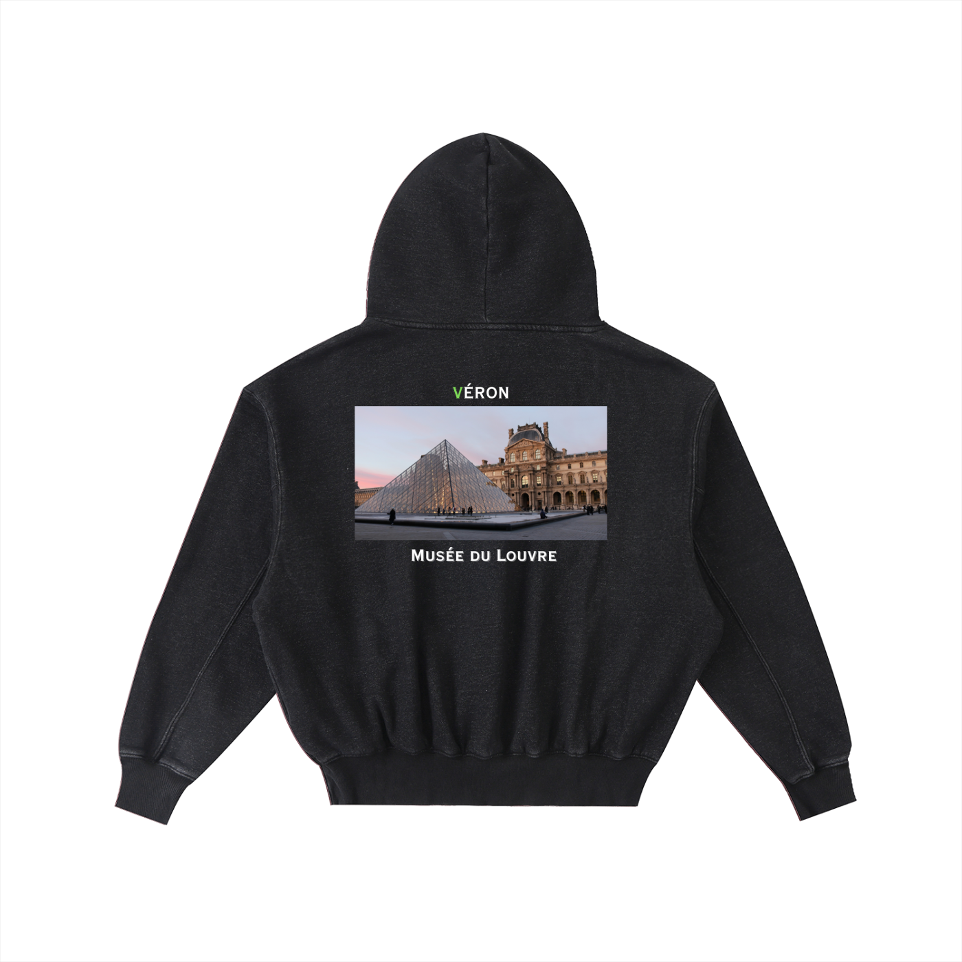 Model wearing VÉRON Louvre hoodie in urban streetwear look 2